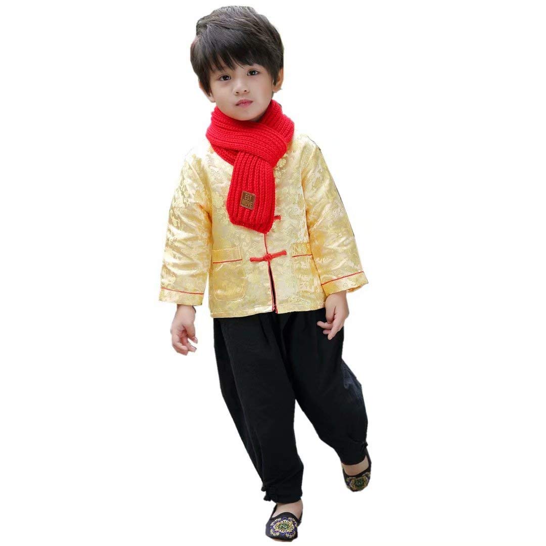 Little Boys Dragon Tang Coat Long Sleeve Chinese Clothing Children Costumes Boy Jackets Outfit Tops (Yellow, 8)