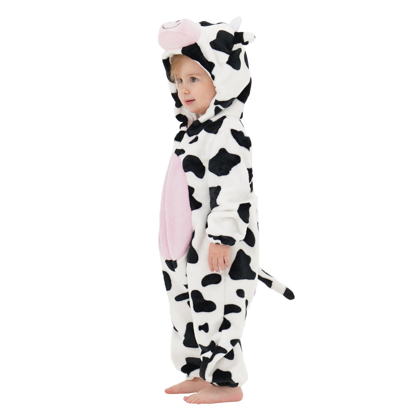 Lonulain Unisex Baby Animal Costume Pajamas, Infant Flannel Hooded Halloween Romper Cosplay Costume/Homewear/Sleepwear (Cow,12-1