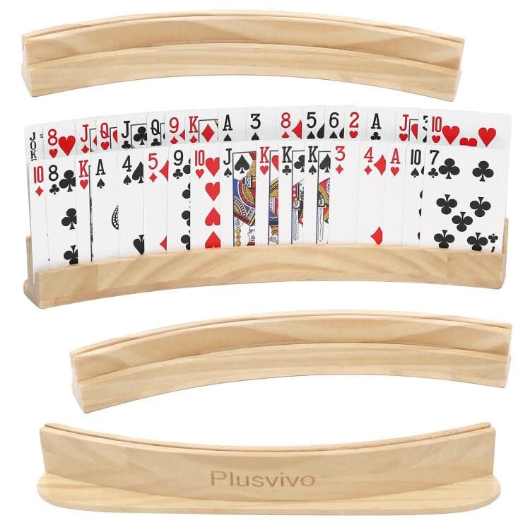 Plusvivo Set Of 4 Curved Playing Cards Holders For Seniors Adults - Soild Wood Cards Holders For Playing Cards 13 X 1.9 X 2.4 In