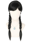 Topcosplay Kids Girls Wednesday Wig Black Long Straight With 2 Braids Halloween Costume Wigs