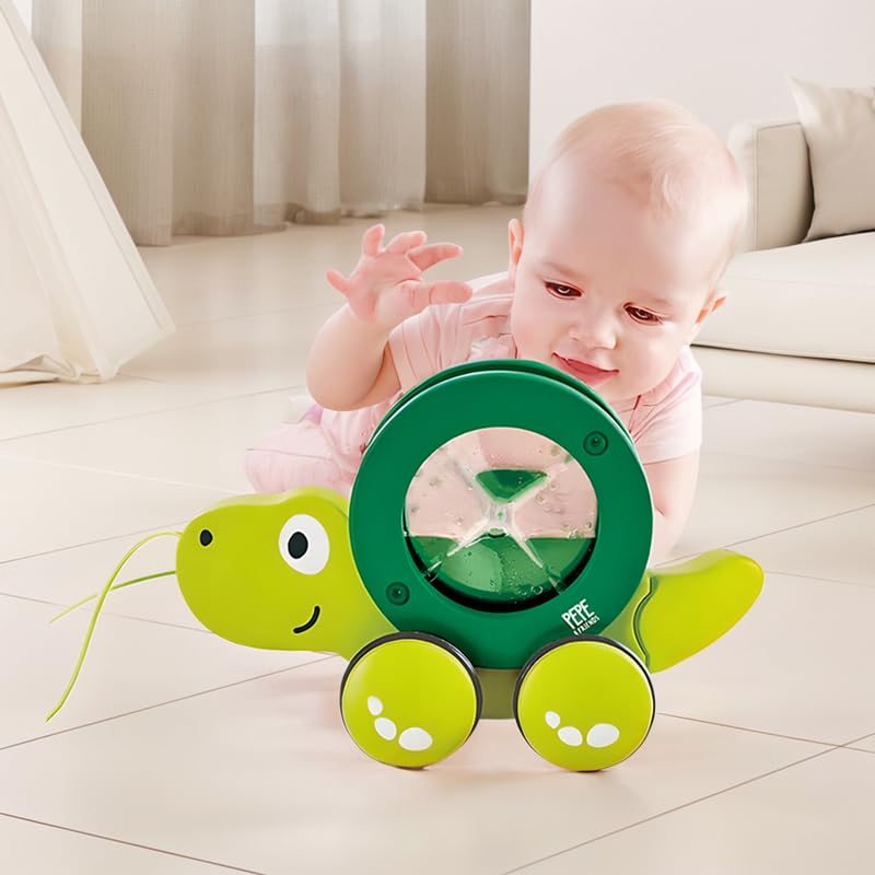 Hape Tito Pull Along | Wooden Turtle With Swirling Shell Pull Toddler Toy, Green