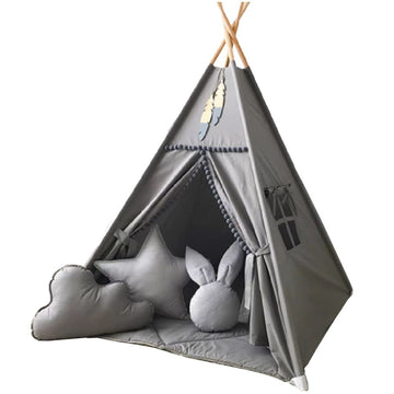 Rongfa Kids Teepee Tent With White Pom Pom - Indoor Play Teepee For Children Boys Portable Play House (Grey)