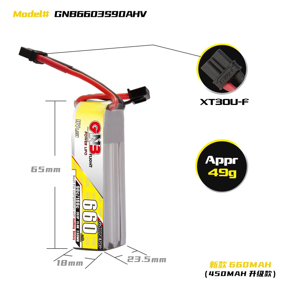 GAONENG 2pcs GNB 3S 11.4V HV 660mAh 650mAh 90C LiPo Battery XT30 Connector for 2.5 inch Toothpick Drone Quads Freestyle Drone DI