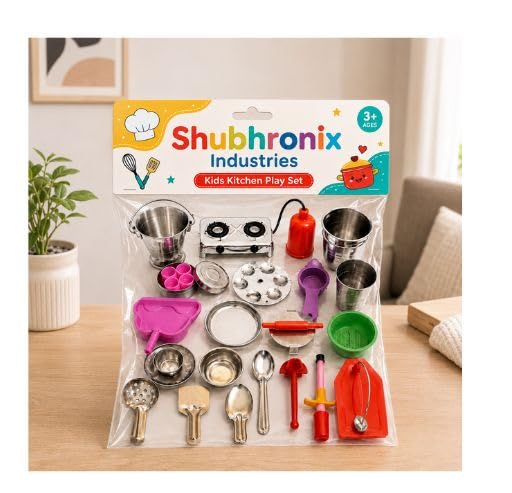 Shubhronix Industries Kids Kitchen Play Set, Stainless Steel Utensils with Gas Stove, Pots, Pans and Accessories, for Ages 3+
