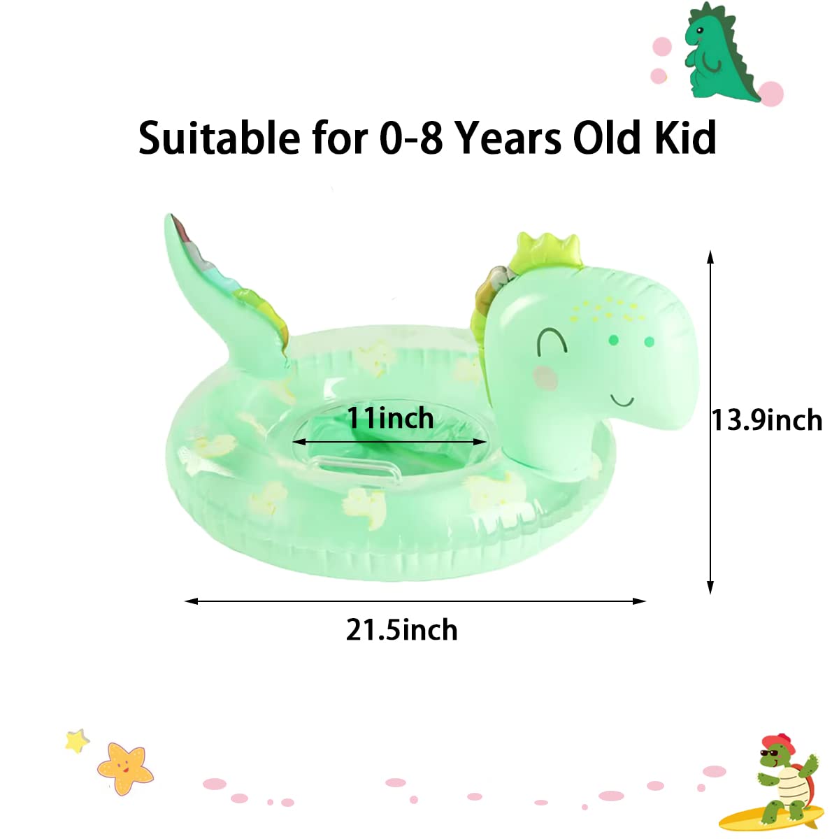 New Baby Swimming Pool Floats For Toddler Kids 0-8 Years Under 44Lb, Inflatable Swim Ring Water Raft With Seat And Handle For Summer Beach Outdoor Children Infant Bath Toys (Green Dinosaur)