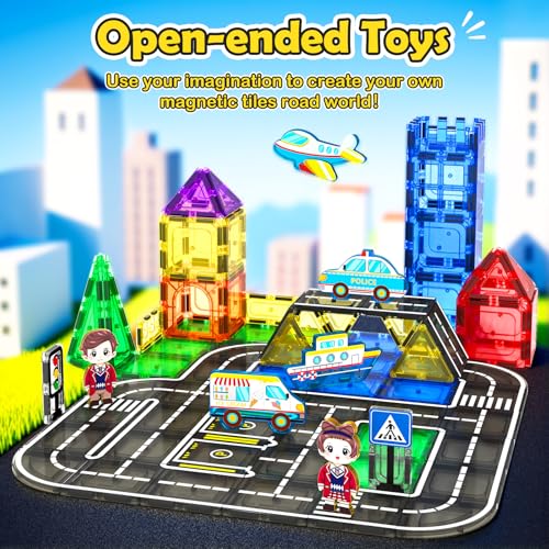 Igivi Magnetic Tiles City Road Set With Magnet Car Toys, Magnetic Blocks Building Toys For Kids, Stem Construction Toys For Toddlers,Toy Gifts For 3+ Year Old Boys & Girls