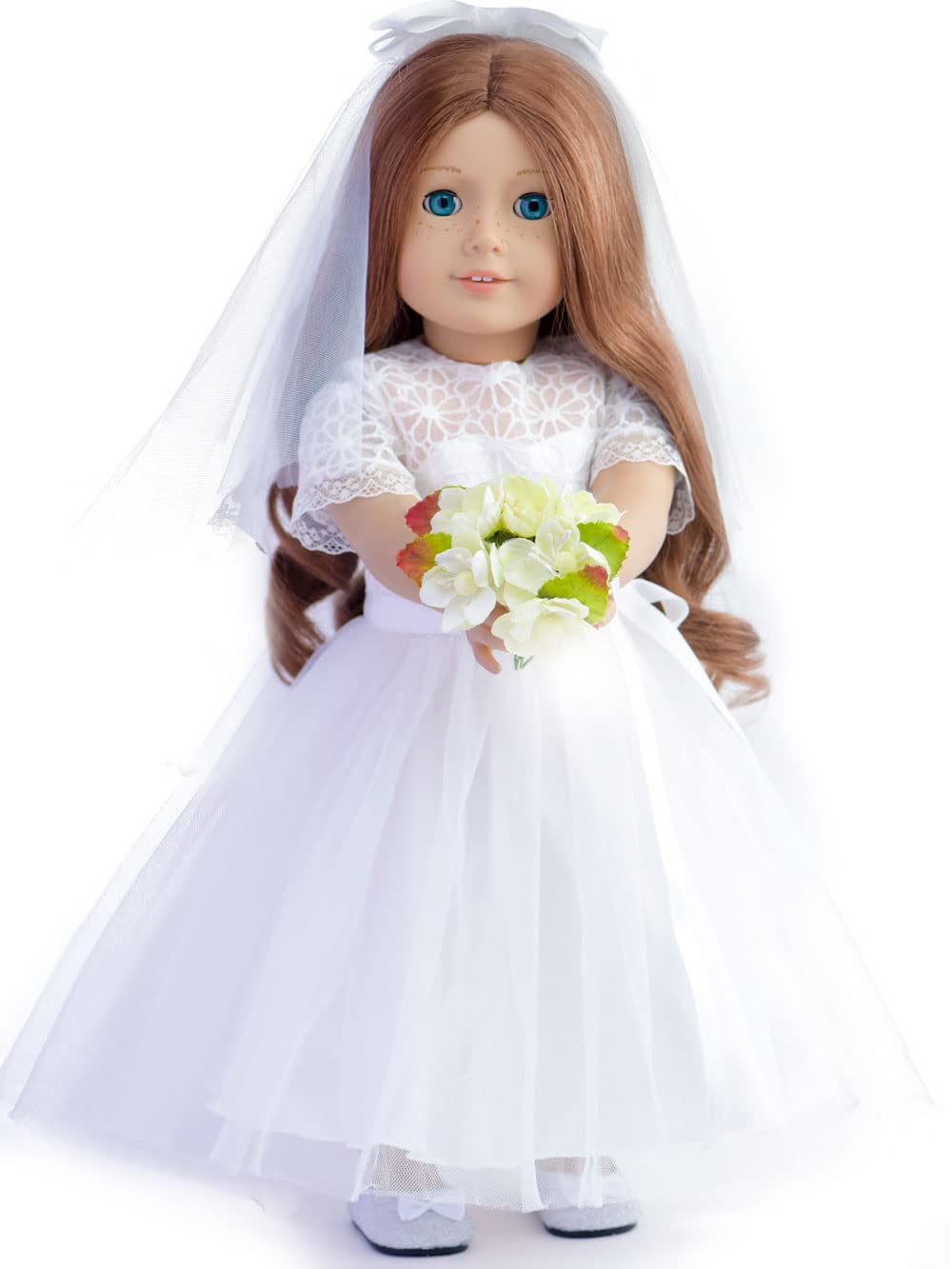 Sweet Dolly 18 Inches American Doll Clothes First Communion Gorgeous White Wedding Dress Veil Bouquet Sets Fit 18 Inches Dolls
