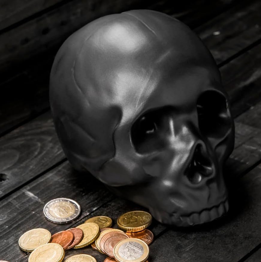 Kikkerland Ceramic Desktop Halloween Decorative Skull Coin Piggy Bank, Money Saver Box