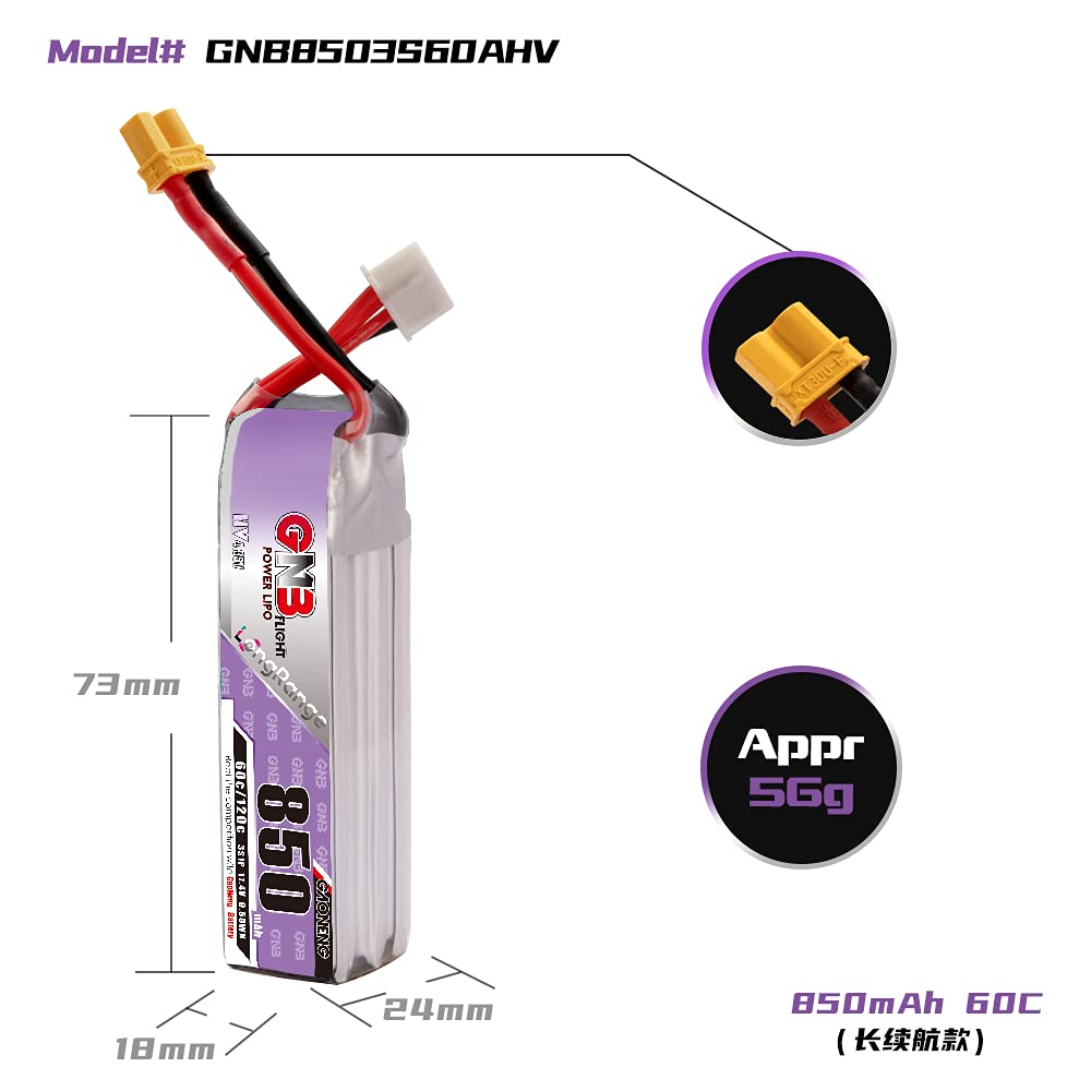 GAONENG 2pcs GNB LiPo Battery 850mAh 3S 11.4V HV 60C 120C Long Range XT30 Connector Long Type for Cinewhoop Mini Micro FPV Frees