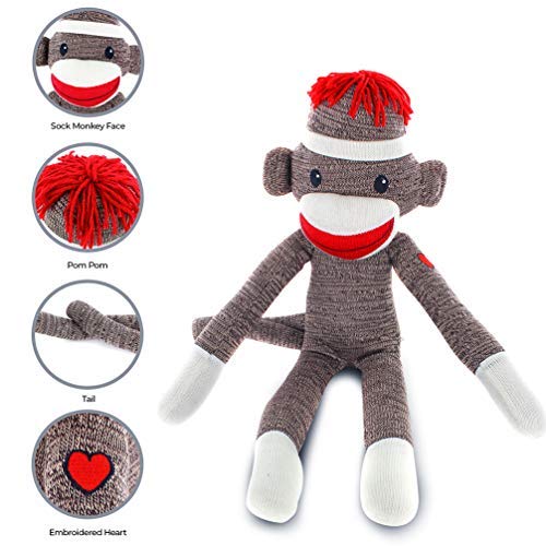 Plushland Adorable Brown Sock Monkey, The Original Traditional Hand Knitted Stuffed Animal Toy Gift-For Kids, Babies, Teens, Girls And Boys Baby Doll Present Puppet 20 Inches