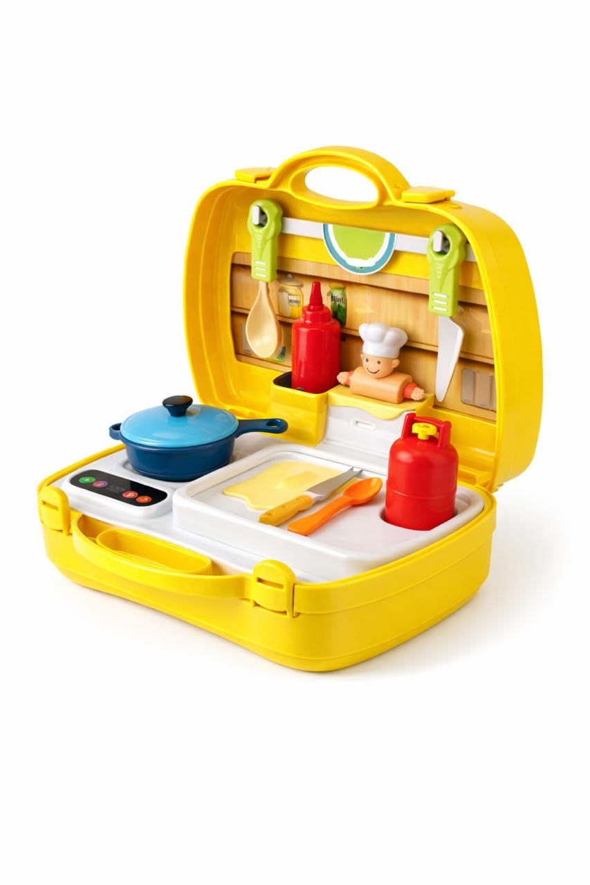 Allsmiles toys Kitchen Set Toy for Kids | Pretend Cooking Set with Stove, Pots, Pans & Kitchen Utensils | Portable Carry Case Su