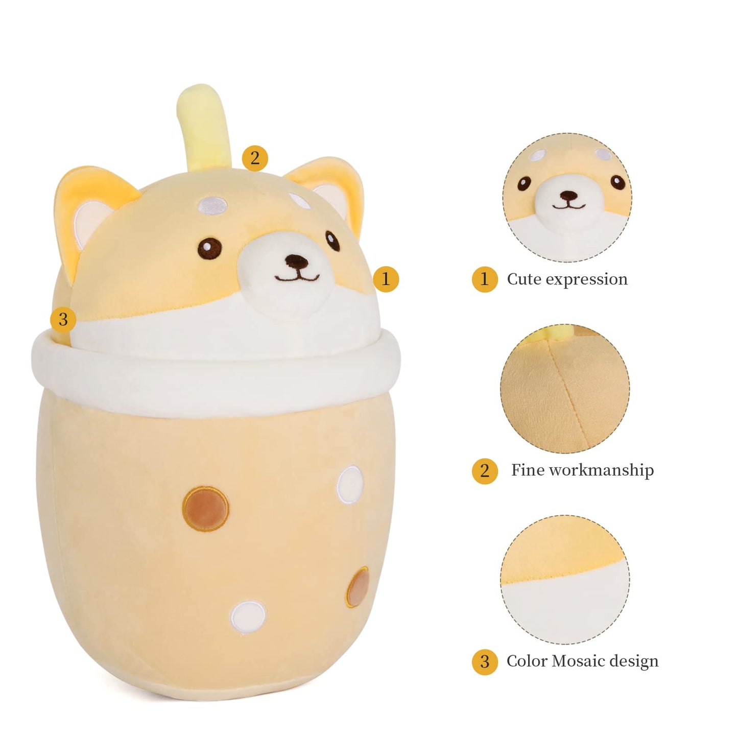 MMguai 14 inch Cute Big Boba Tea Shiba Inu Dog Plush Soft Hugging Pillow,Large Corgi Brown Pearl Milk Tea Stuffed Animals Toy Do