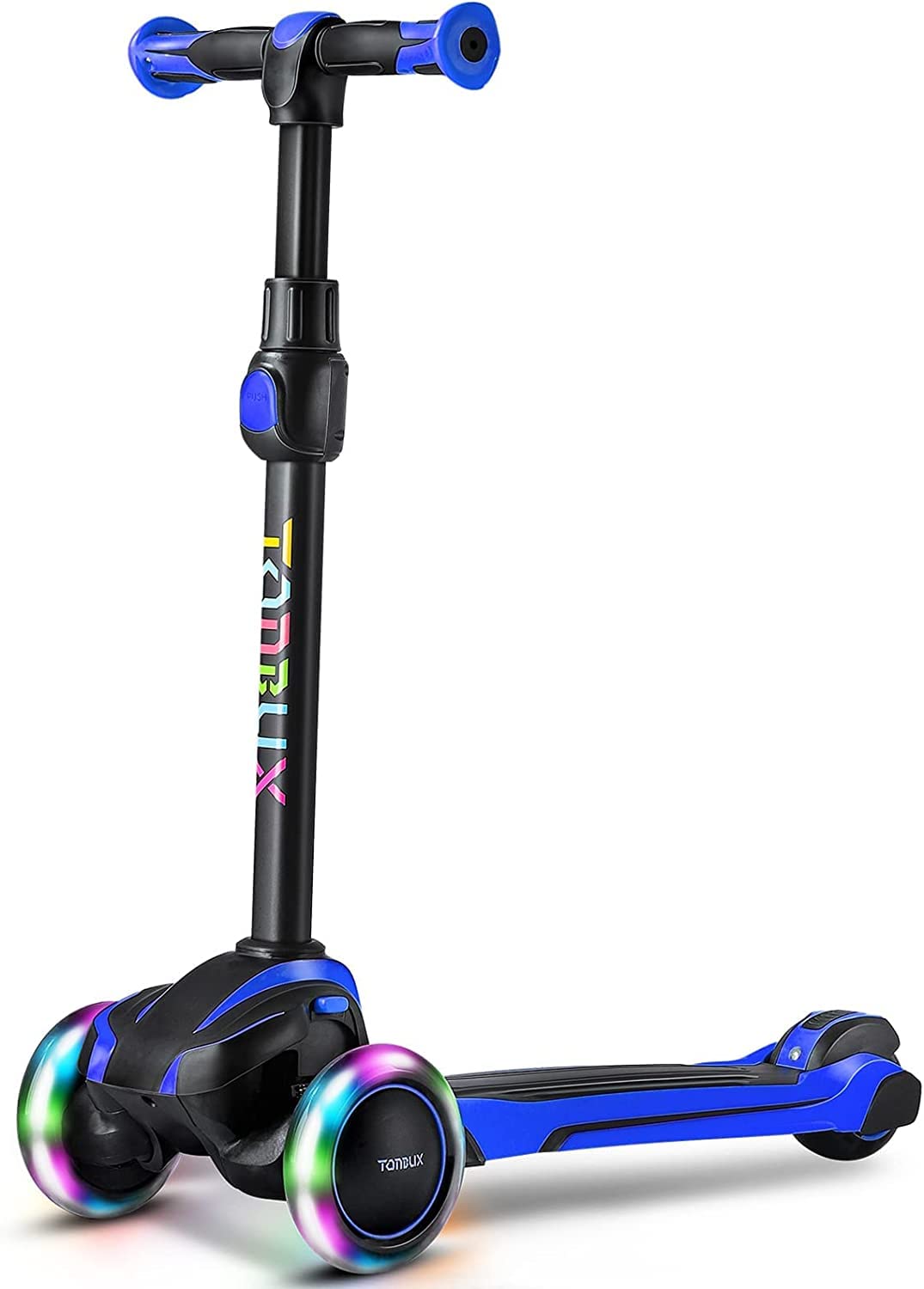 Tonbux Kids Scooter For Age 3-12, Toddler Scooter With 4 Adjustable Heights, Light Up 3-Wheels Scooter, Shock Absorption Design, Lean To Steer, Balance Training Scooter For Kids - Blue