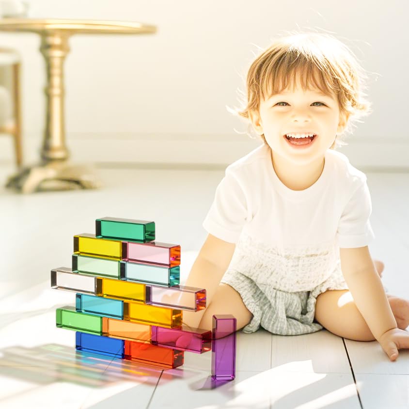 7.5Cm Rainbow Crystal Acrylic Strip Blocks,Rectangle Stacking Gem Blocks For Kids 16 Colors Gem Cubes Stacking Educational Senso