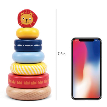 Leo & Friends Wooden Stacking Ring Toys With Lion Crested, Montessori Stacking Toys For Children 1 Years And Above, Early Baby Development Toys