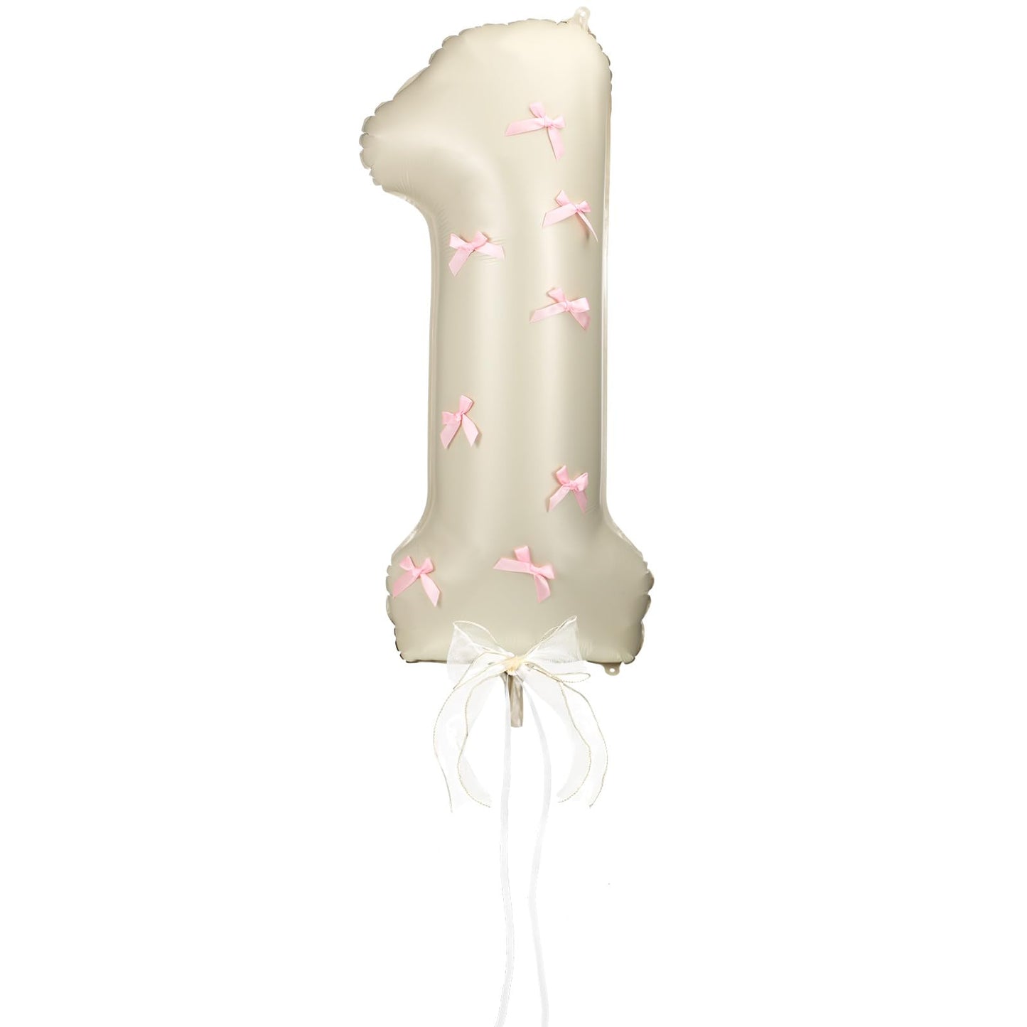 Hollowfly Number 1 Pink Bow 1st Birthday Balloon, 32 Inch Giant Aluminum Foil Number 1 Cream White Balloon Coquette Party Decora