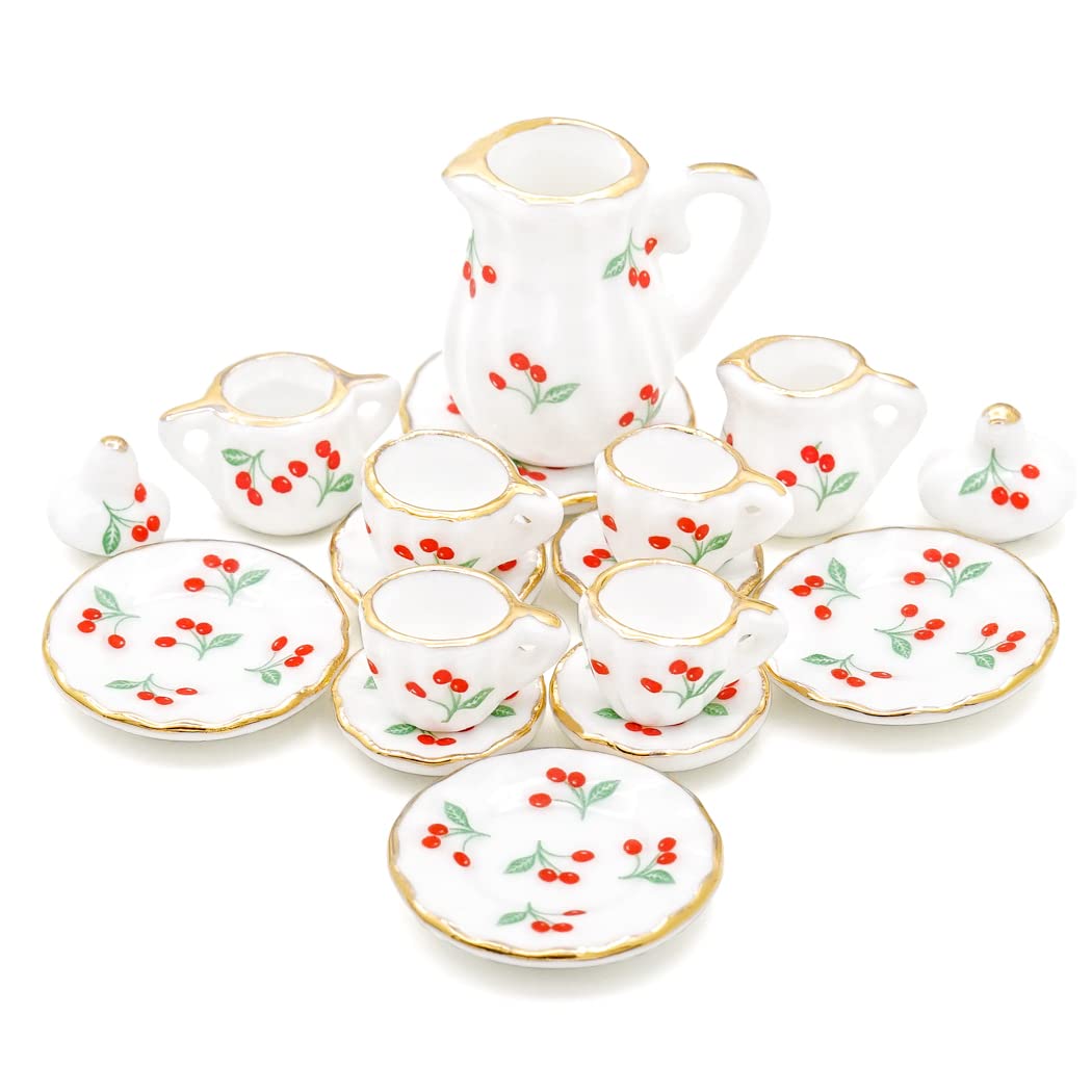 Odoria 1/12 Miniature Porcelain Tea Set 15Pcs Dollhouse Decoration Accessories, Cherry