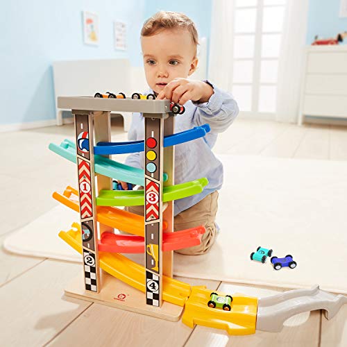 TOP BRIGHT Wooden Car Ramp Race Track Toy with 12 Replacement Cars - Yellow Toddler Playset for Kids