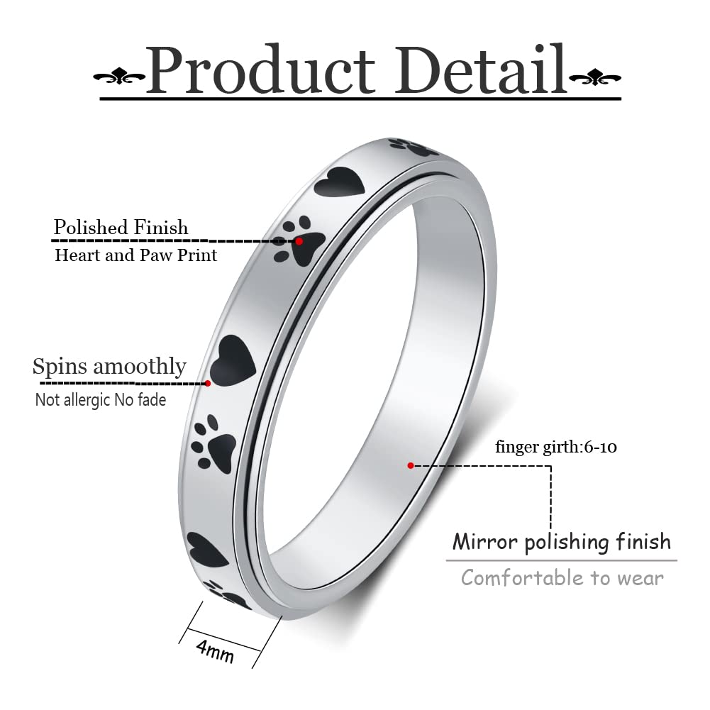 Amorartsky Spinner Ring For Anxiety Relief Fidget:Puppy Pet Lovers Paw Print Ring Anxiety Ring For Women,Titanium Stainless Steel Spinner Ring,Love Dog Cat Claw Ring Pet Loving Friend Families Gifts