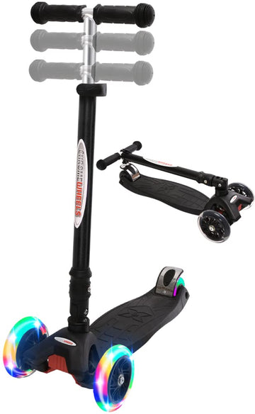 ChromeWheels Deluxe Kick Scooter for Kids, 3 Wheels, Foldable, 4 Adjustable Heights, LED Light-Up Wheels, Black, 132lbs Weight Limit