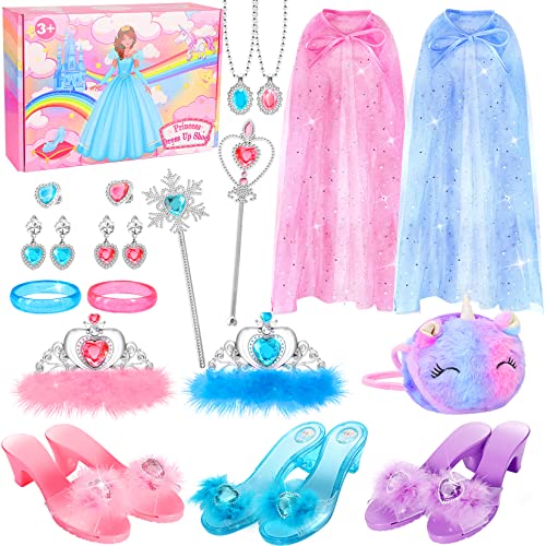 Fedio Princess Dress Up Shoes Set Little Girls Role Play Shoes Pretend Princess Gift Toy Set With 3 Pairs Of Shoes,Princess Cape,Crown Tiaras,Unicorn Purse For Girls Aged 3,4,5,6 Birthday Christmas