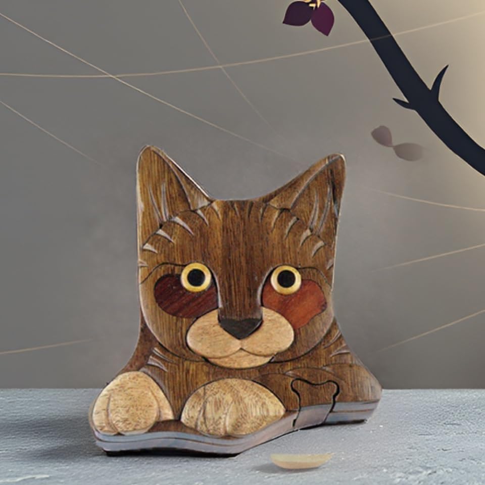 The Handcrafted Wooden Cat Puzzle Box - Hand Carved Intarsia Art, Brown, Model ZPUZ1201