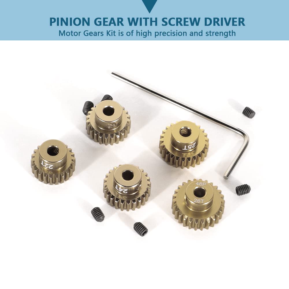 WEISHUJI 48P 22T 23T 24T 25T 26T Pinion Gear with Screw Driver, 48 Pitch Motor Gears Kit for 3.175mm Shaft 1/10 RC Brushless Bru