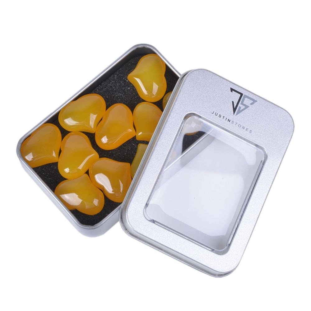 Yellow Agate Gemstone Healing Crystal 1 Inch Mini Puffy Heart Pocket Stone Iron Gift Box (Pack Of 10)