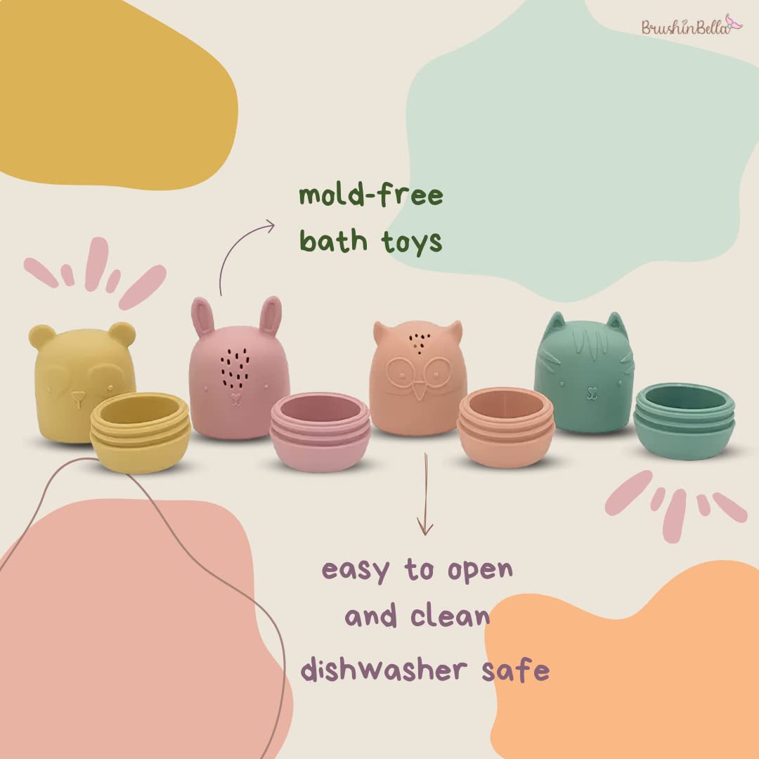 Brushinbella Silicone Bath Toys 4-Pack - Cleanable Silicone Toys With Montessori Stackable Cups - Baby Bath Toys - Dishwasher-Safe Bath Toys - Toddler Tub Toys - Baby Bath Essentials