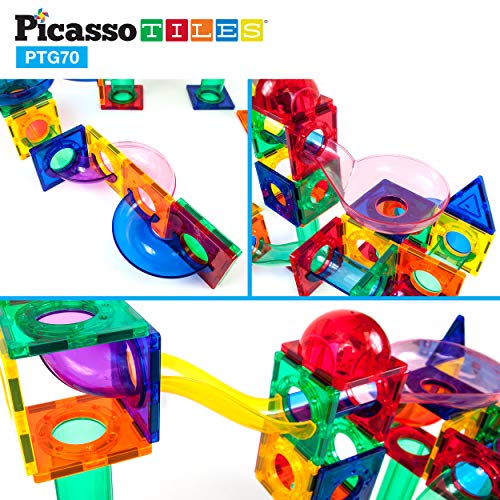 Picassotiles 70 Pcs Marble Run Maze Race Track Magnetic Tiles Magnet Building Block Educational Construction Toy Playset Stem Learning Kit Child Brain Development Hand Eye Coordination Training Ptg70
