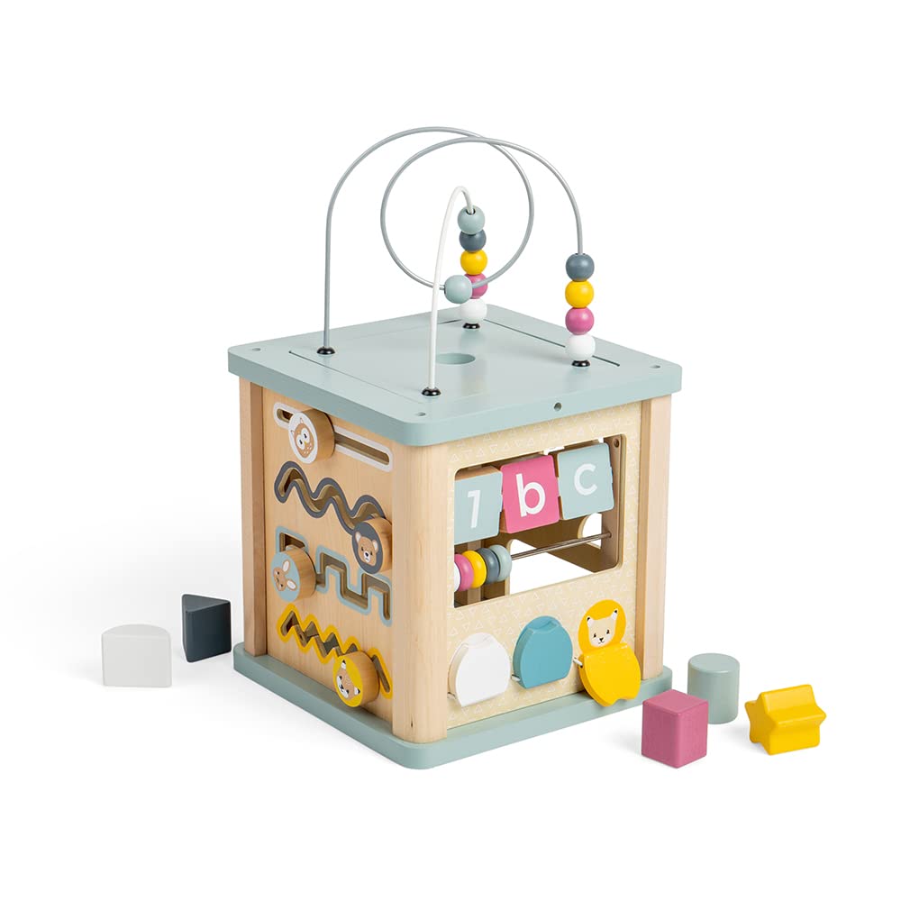 Bigjigs Toys Wooden Activity Cube - 100% Fsc® Certified Busy Centre With Shape Sorter & Bead Maze, Sustainable Sensory Toys For 1 Year Old, 22Cm W X 23Cm H