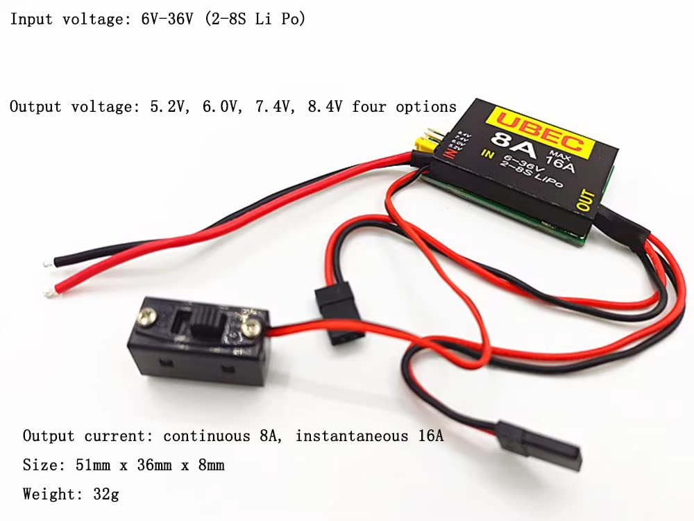 SoloGood 2S-8S Lipo 6-36V UBEC-8A BEC 5.2V/6.0V/7.4V/8.4V Servo Independent Power Supply Suitable for RC Sutomotive Fixed Wing A