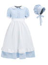 FORTMAC Pioneer Dresses for Girls Colonial Prairie Dress Girls Short Sleeves 1800s Pilgrim Costume with Apron and Bonnet Blue 11