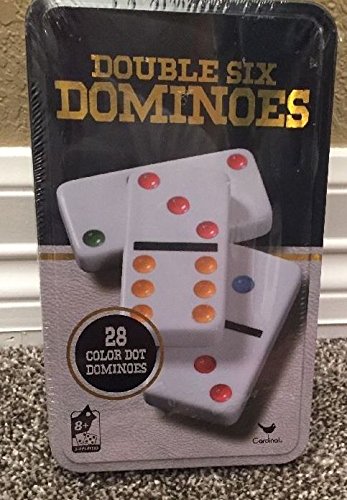 Cardinal Double Six Color Dot Dominoes Set in Ivory Collectors Tin, Model 8875, 28 Plastic Dominoes