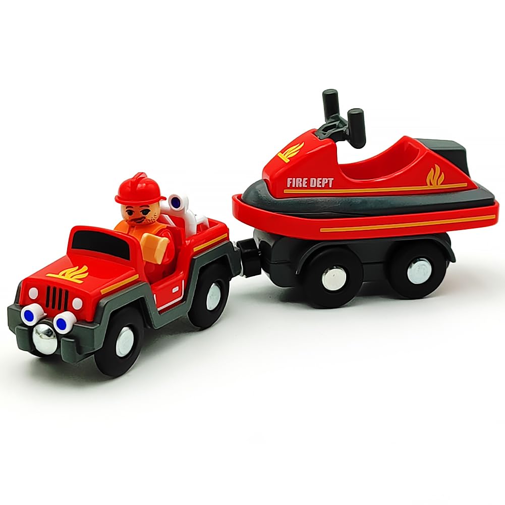 Dshmixia Wooden Train Cars Track Accessories Set Rescue Fire Truck With Light And Sound Small Vehicles Magnetic Train Cars Fit For Wooden Train Track Railway For Boys And Girls (Fireboat)