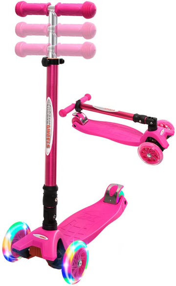 ChromeWheels Deluxe Kick Scooter for Kids, 3 Wheel, Foldable, 4 Adjustable Heights, LED Light Up Wheels, Pink, Model CW8009L-Pink