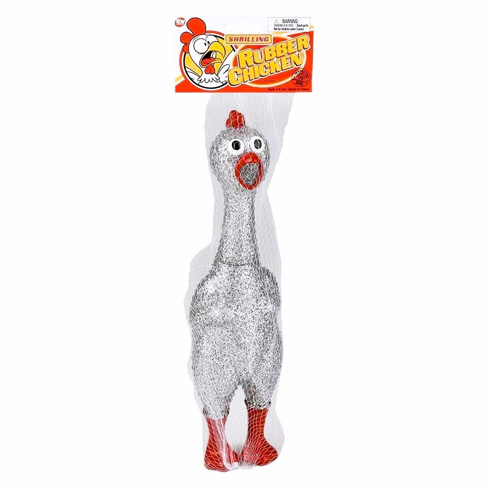 Large 13.5 Sparkle Glitter Rubber Squeeze Chicken with a Long Funny Squeaky Sound (Gold - Silver) Glitter Shiny Funny Gag Prank Chicken Prop (1 Silver Chicken)