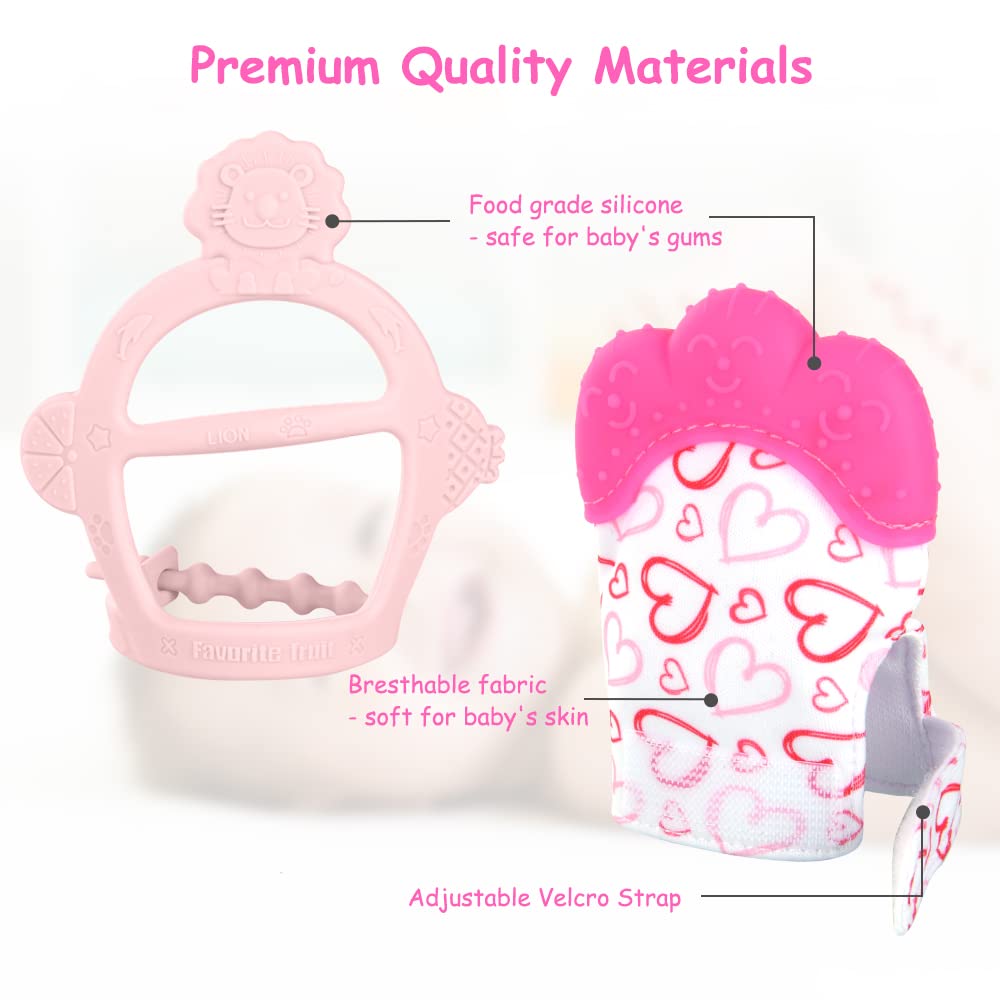 Vicloon Silicone Teething Mitt, 2Pcs Baby Teething Mitten, Baby Teething Toy With Adjustable Strap, Crinkle Sound And Textured, Baby Teething Mitten Self Soothing Baby Chew Toys For 0-6Month Infant