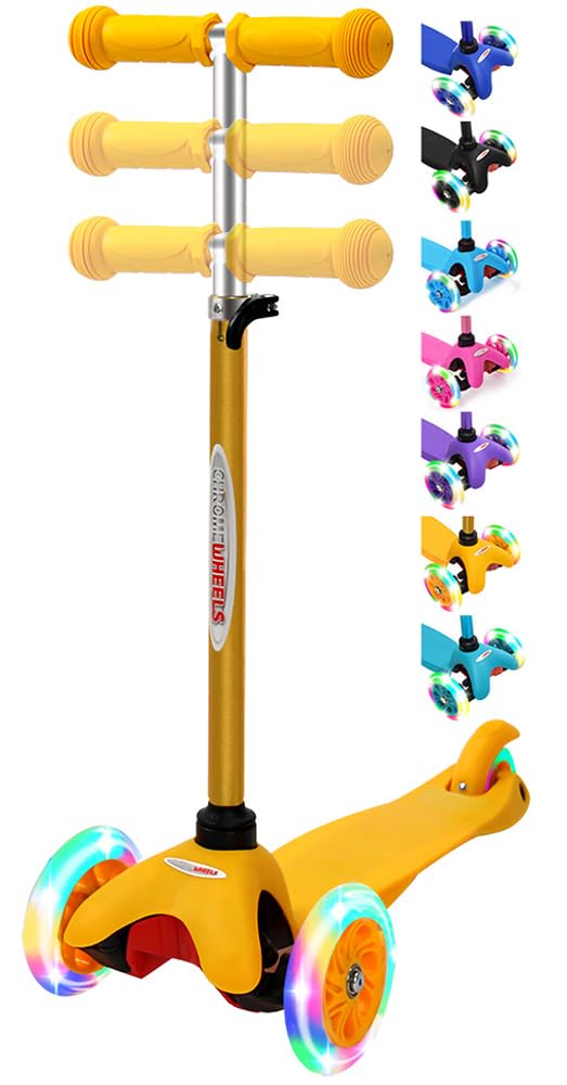 Chromewheels Scooter For Kids, Deluxe 3 Wheel Scooter For Toddlers 4 Adjustable Height Glider With Kick Scooters, Lean To Steer With Led Flashing Light For Ages 3-6 Girls Boys, Yellow
