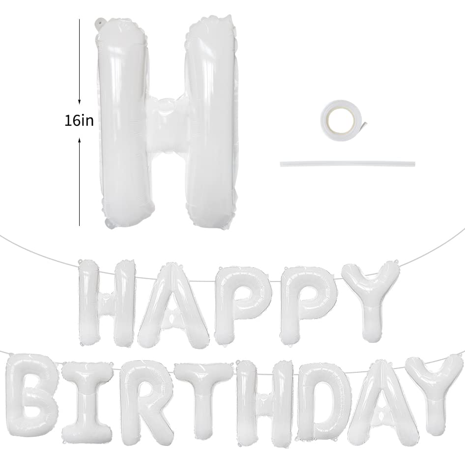 Toniful White Happy Birthday Balloons Banner With Ribbon Straw, 16 Inch Mylar Foil Letters Birthday Sign Banner Balloon Bunting