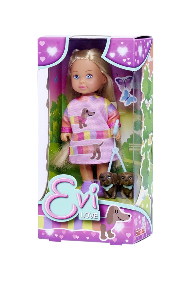 Simba 105733688 Evi Love Dogs, Doll With Two Cute Dachshunds On A Leash, 12 Cm Toy Doll, From 3 Years