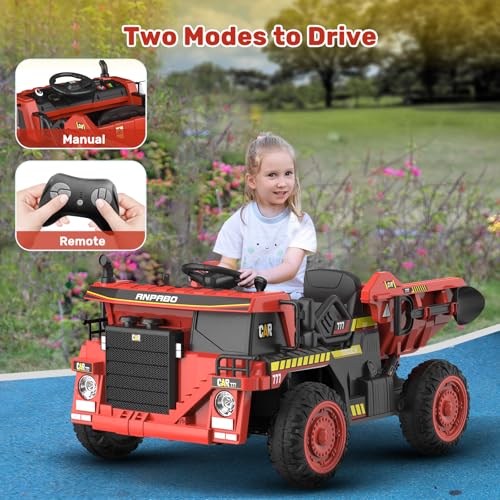 ANPABO Ride on Dump Truck, 12V Ride on Car with Remote Control, Electric Dump Bed and Extra Shovel, Ride on Construction Vehicle