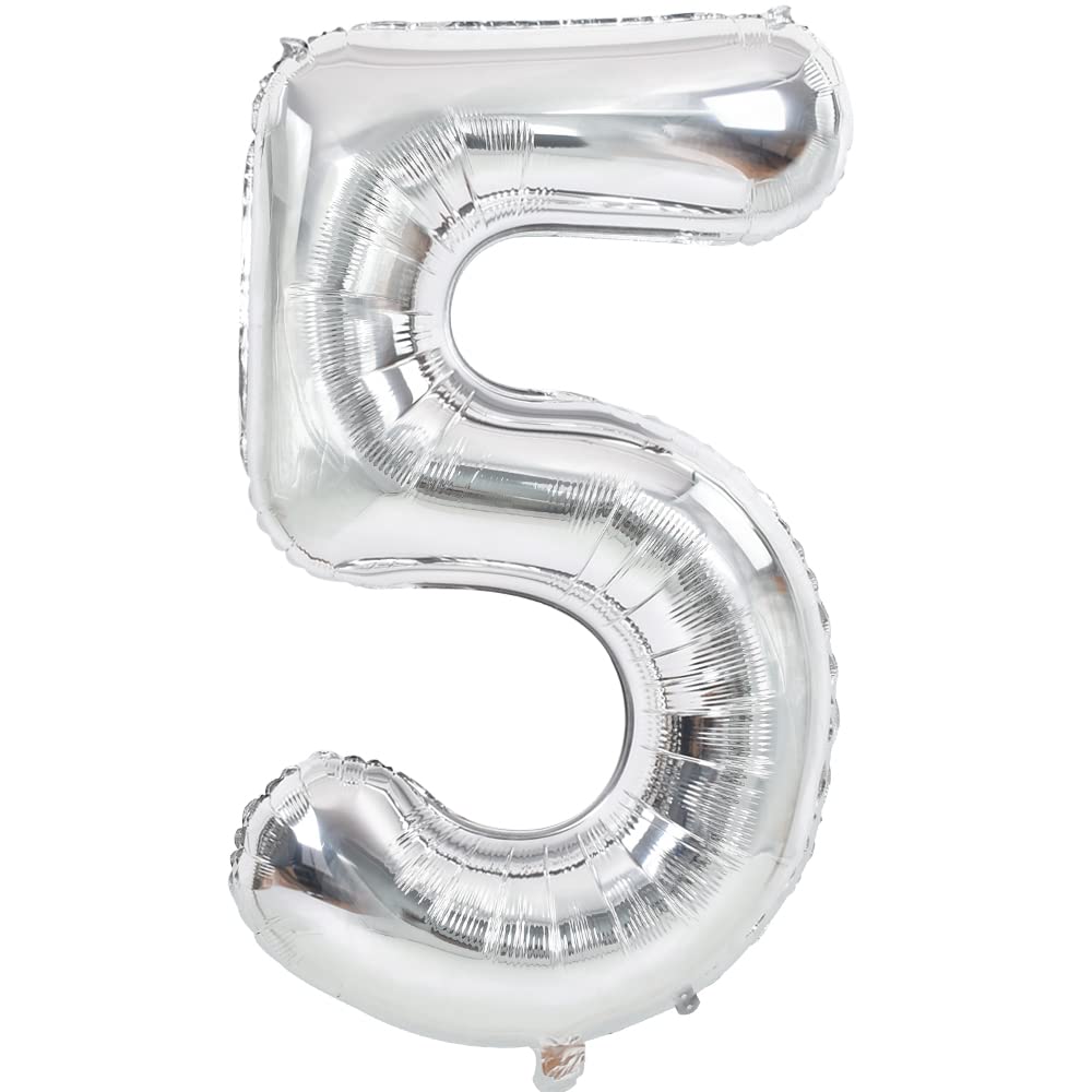 Toniful 40 Inch Silver Large Numbers Balloons 0-9, Number 5 Digital 5 Helium Balloons, Foil Mylar Big Number Balloons For Birthd