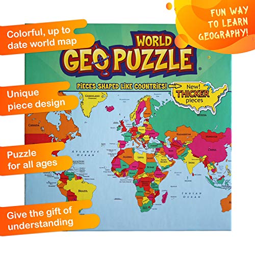 Geotoys Geopuzzle, World Shaped Jigsaw Puzzles, 68 Pc Geography Puzzle, Geography Game & Map Puzzle, Jigsaw Puzzles For Kids Ages 6-9 Years Old