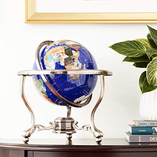 Unique Art 13-Inch Tall Table Top Blue Lapis Ocean Gemstone World Globe With Silver Tripod Stand