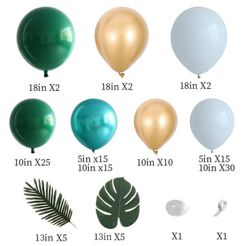 128Pcs Jungle Sarfari Balloon Garland Arch Kit, Double Stuffed Emerald Green Matellic Gold White Balloons With Artificial Palm L