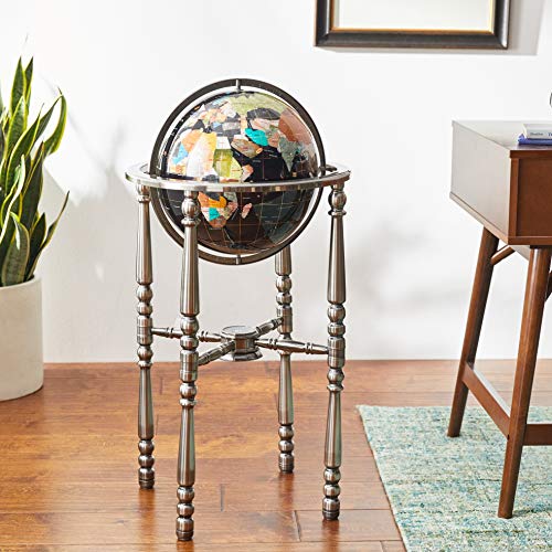 Unique Art 36-Inch By 13-Inch Floor Standing Black Onyx Ocean Gemstone World Globe With Silver 4-Leg Stand