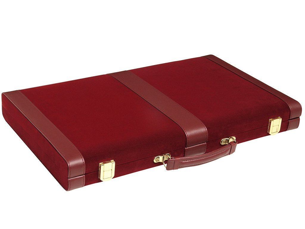 Deluxe Attache Backgammon Set - 15'' Medium Size Classic Maroon Board Game - Luxurious Velour Case