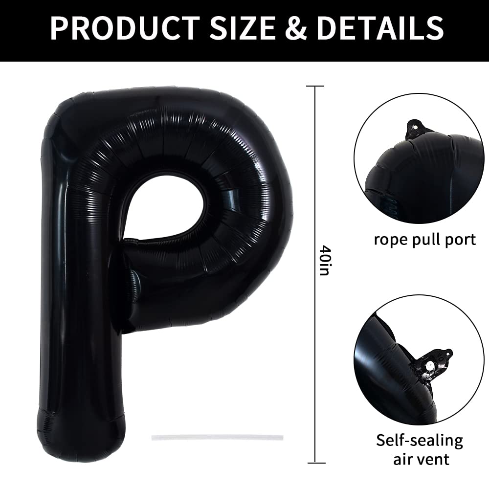 Toniful 40 Inch Large Black P Letter Balloons Jumbo Helium Balloons,Foil Mylar Big Alphabet Balloons For Birthday Party Annivers