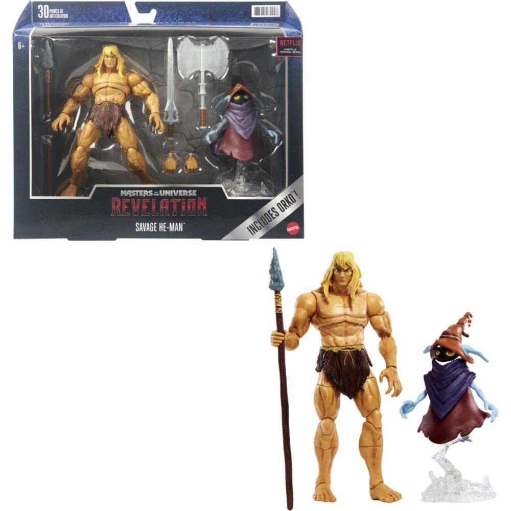 Masters of the Universe Masterverse Revelation Savage He-Man Action Figure with 30+ Articulated Joints 3 Harness & Orko Figure with Floating Base 7-inch Motu Collectible Gift